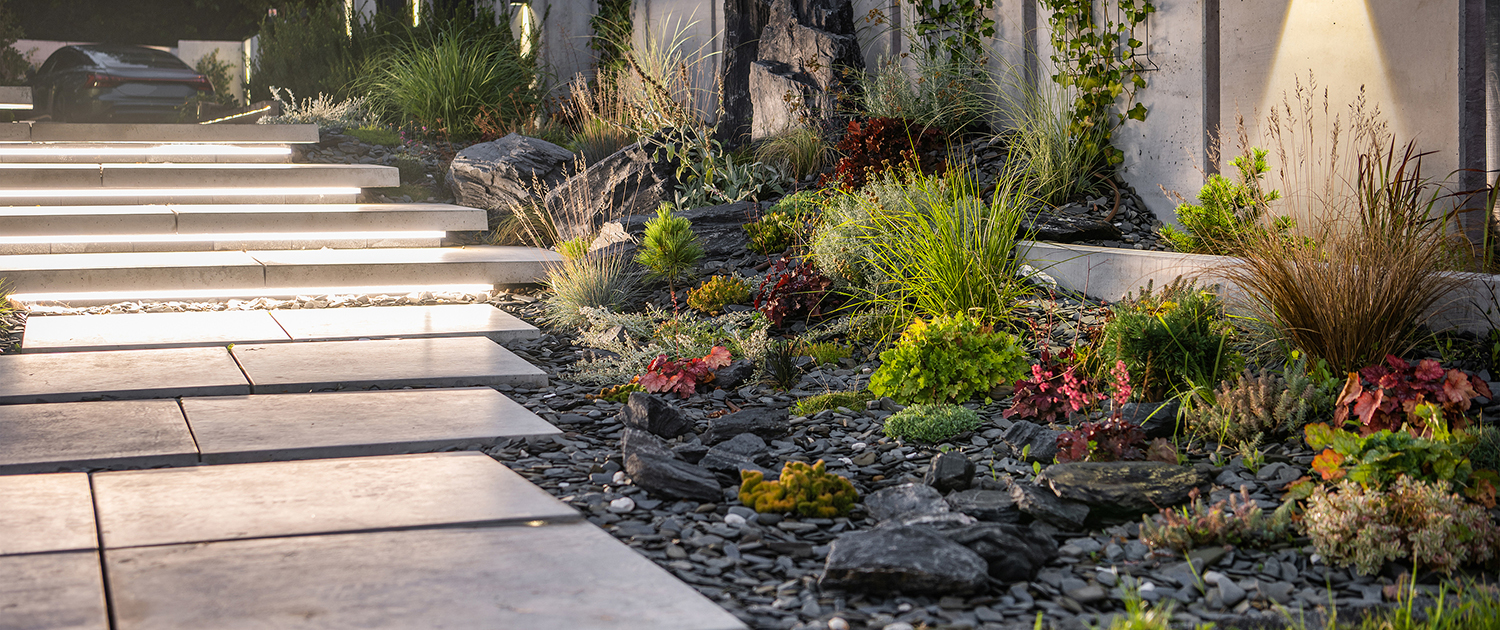 Illuminated Residential Backyard Garden by LED Lights. Modern Architectural Concrete Wall, Llandscaping, LED lights for outdoor stairs